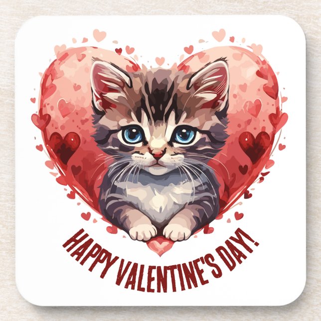 Happy Valentine's Day Little Kitten with Heart Beverage Coaster (Front)