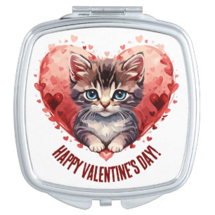 Happy Valentine's Day Little Kitten with Heart Compact Mirror