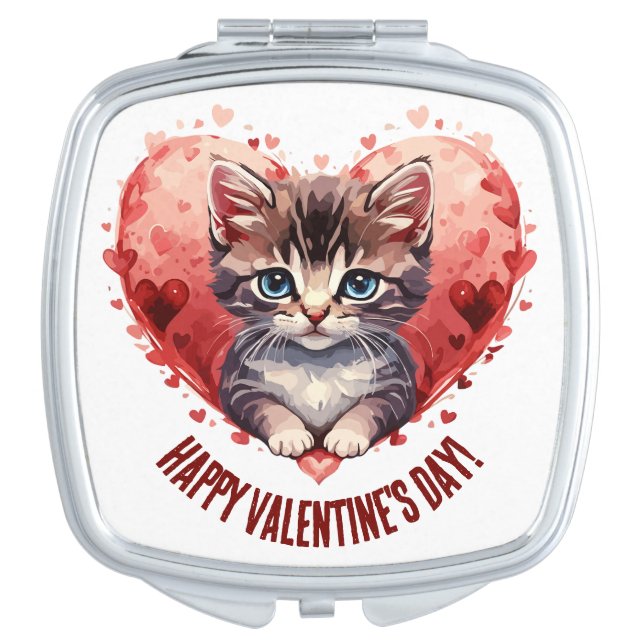 Happy Valentine's Day Little Kitten with Heart Compact Mirror (Front)