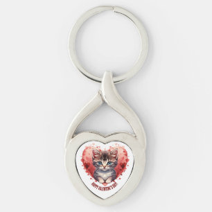 Happy Valentine's Day Little Kitten with Heart Keychain
