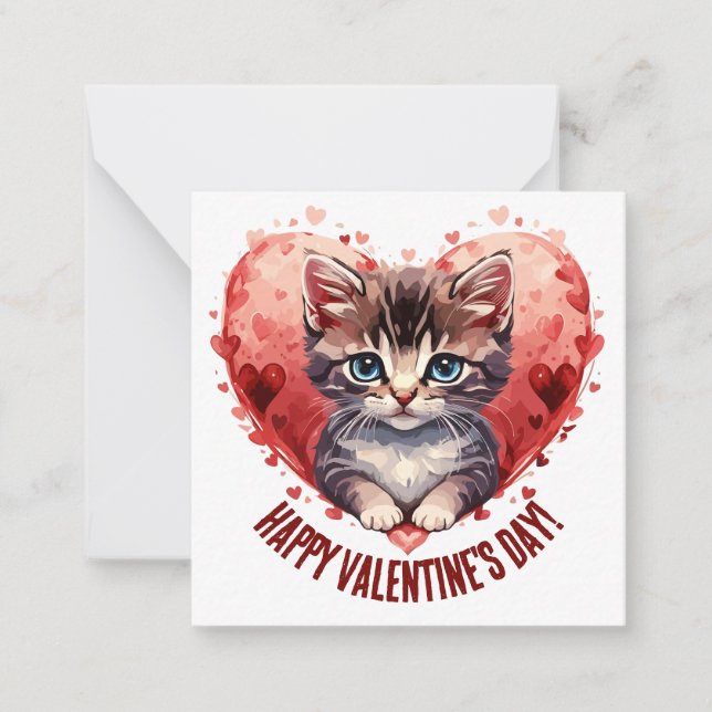 Happy Valentine's Day Little Kitten with Heart Note Card (Front)