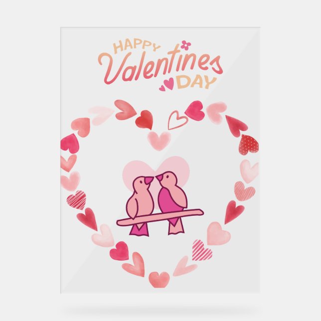 Happy Valentines Day Love Birds Pink Heart Wreath  Acrylic Sign (Front)