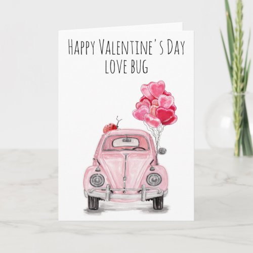 Happy Valentines Day Love Bug Pink Car Balloons Card