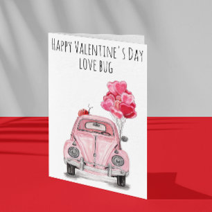 Happy Valentine's Day Love Bug Pink Car Balloons Card