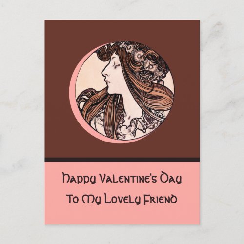 Happy Valentines Day Lovely Friend Mucha Pink Holiday Postcard