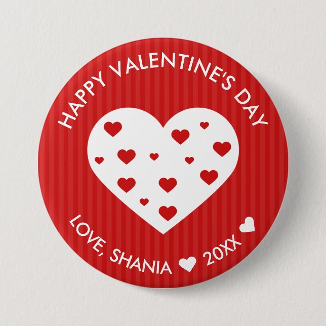 Happy Valentine's Day Lovely Red White Hearts Button (Front)