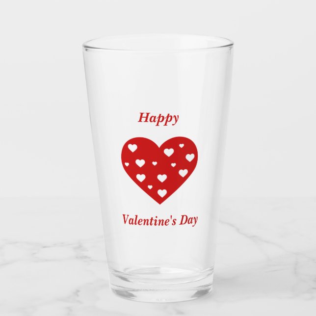 Happy Valentine's Day Lovely Red White Hearts Glass (Front)