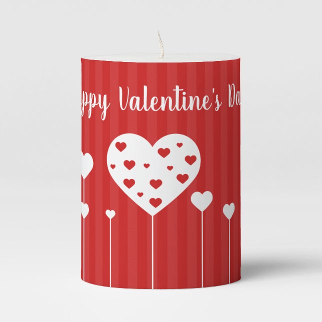 Happy Valentine's Day Lovely Red White Hearts Pillar Candle (Front)