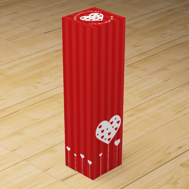 Happy Valentine's Day Lovely Red White Hearts Wine Box (Front)