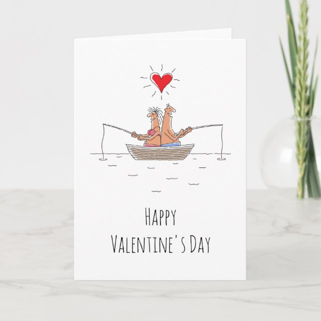 Happy Valentine's Day Lovers Fishing Red Heart Holiday Card (Front)