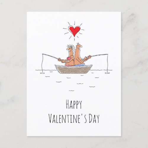 Happy Valentines Day Lovers Fishing Red Heart Postcard