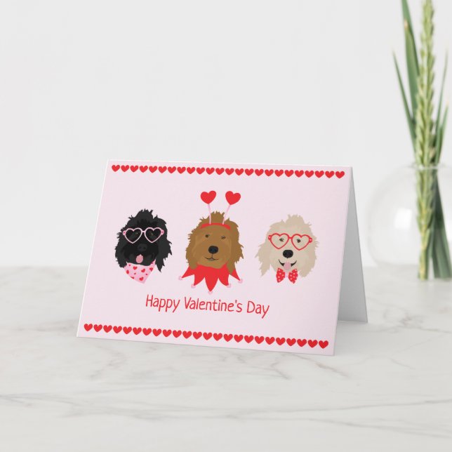 Happy Valentines Day Mini Goldendoodle Dogs Holiday Card (Front)
