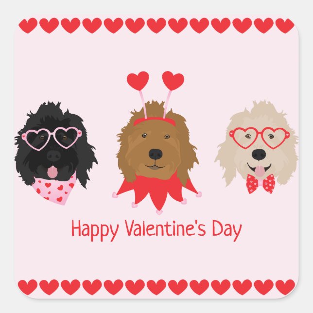 Happy Valentines Day Mini Goldendoodle Dogs Square Sticker (Front)