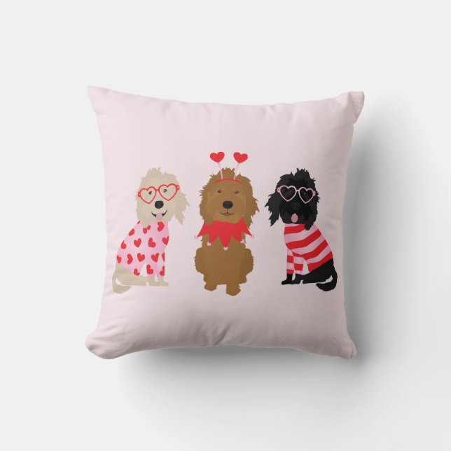 Happy Valentines Day Mini Goldendoodle Dogs Throw Pillow (Front)