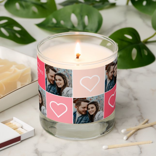 Happy Valentines Day Modern Four Photo Collage Sce Scented Candle (Lit)