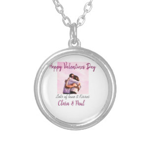 Happy Valentines day modern kisses love add name p Silver Plated Necklace