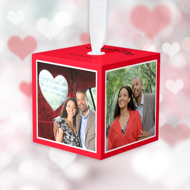 Happy Valentine's Day Modern Red 4 Photo Keepsake Cube Ornament (A hanging ornament for Valentine's Day, in red with photos on four sides and your own message on top)