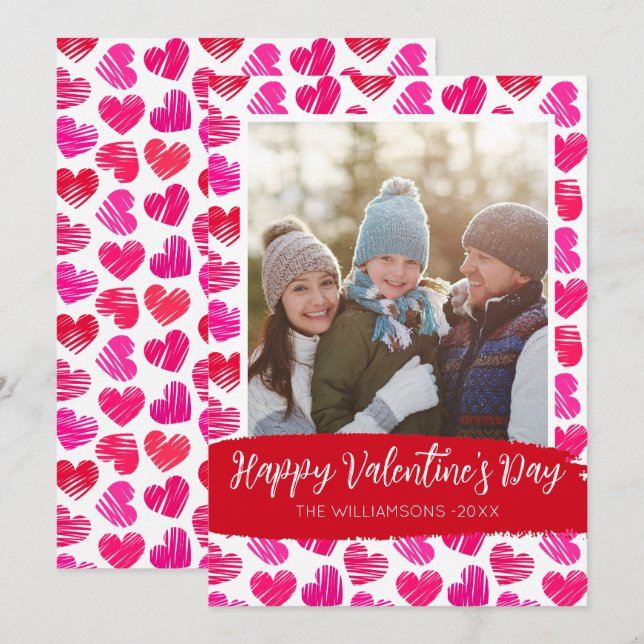 Happy Valentines Day Modern Red Pink Hearts Photo Holiday Card (Front/Back)