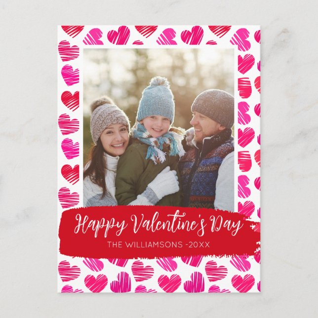 Happy Valentines Day Modern Red Pink Hearts Photo Holiday Postcard (Front)