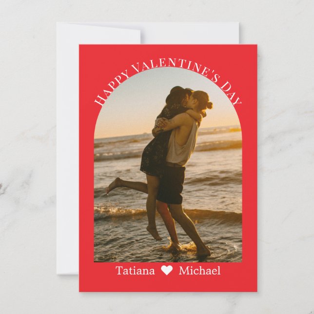 happy valentines day modern script arch photo red holiday card (Front)