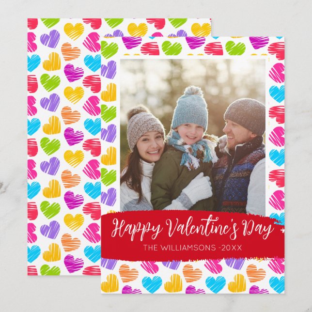 Happy Valentines Day Modern Vibrant Hearts Photo Holiday Card (Front/Back)