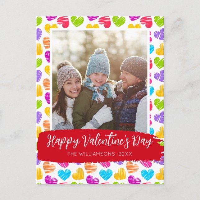 Happy Valentines Day Modern Vibrant Hearts Photo Holiday Postcard (Front)