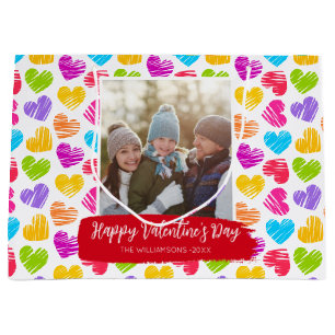 Happy Valentines Day Modern Vibrant Hearts Photo Large Gift Bag