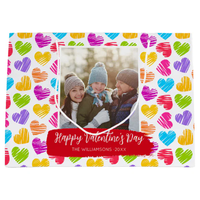 Happy Valentines Day Modern Vibrant Hearts Photo Large Gift Bag