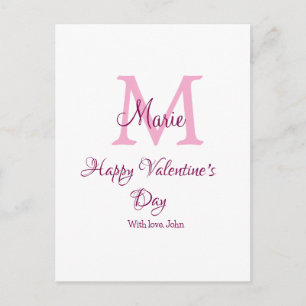 Happy valentine's day monogram pink name love girl postcard