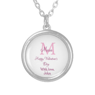 Happy valentine's day monogram pink name love girl silver plated necklace