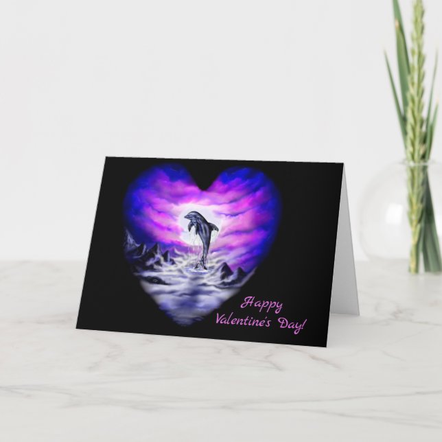 Happy Valentine's Day - Moonlight Dolphin Heart Holiday Card (Front)