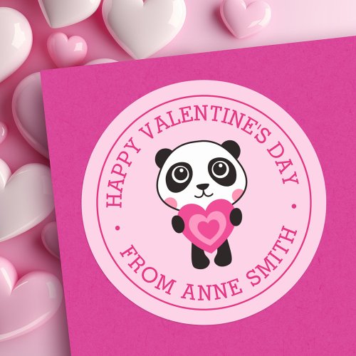 Happy Valentines Day name cute panda heart pink Classic Round Sticker