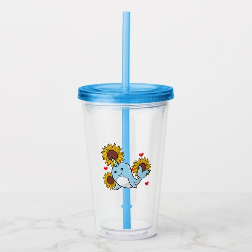 Happy Valentines Day Narwhal With Sunflower Heart Acrylic Tumbler