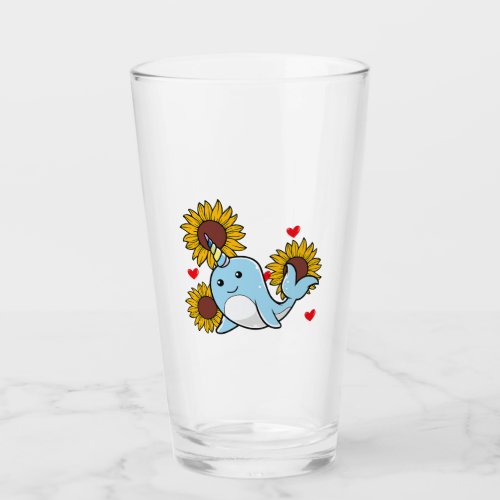 Happy Valentines Day Narwhal With Sunflower Heart Glass