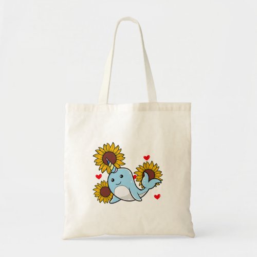 Happy Valentines Day Narwhal With Sunflower Heart Tote Bag