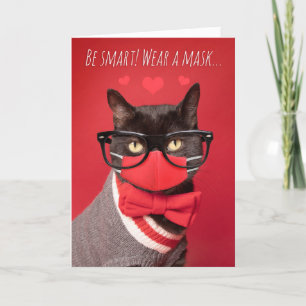 Happy Valentine's Day Nerd Cat in Face Mask Humor Holiday Card