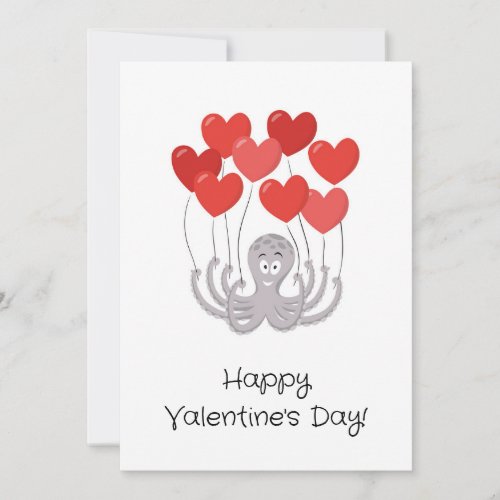 Happy Valentines Day Octopus Red Heart Balloons Holiday Card