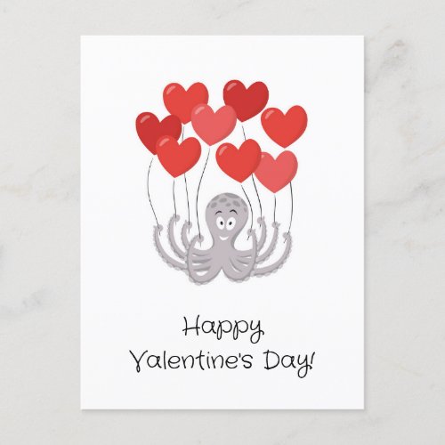 Happy Valentines Day Octopus Red Heart Balloons Postcard