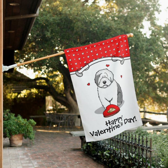 Happy Valentine's Day Old English Sheepdog Gray 1 House Flag (In SItu)