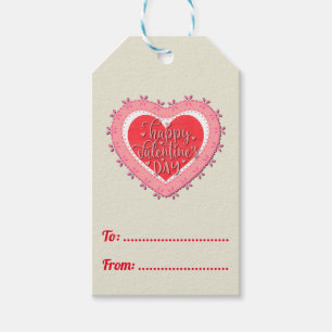 Happy Valentine's Day on Heart and Pink Flowers Gi Gift Tags