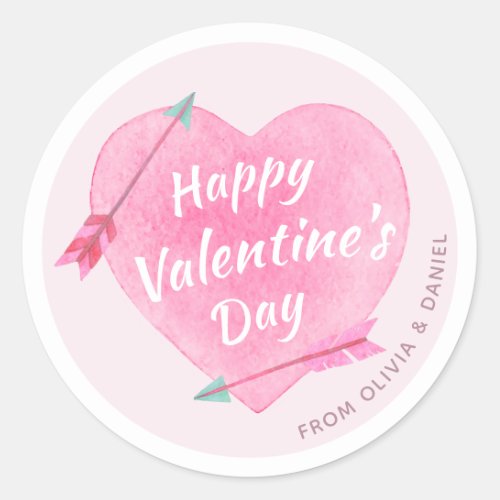 Happy Valentines Day Pastel Pink Watercolor Heart Classic Round Sticker