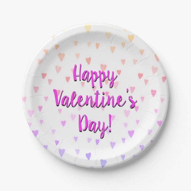 Happy Valentine's Day Pastel Rainbow Hearts Paper Plates (Front)