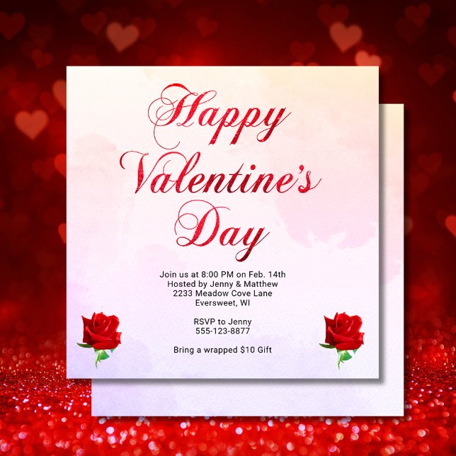 Happy Valentine's Day Pastel Red Roses Party SQ Invitation (Happy Valentine's Day Pastel Red Roses Party SQ Invitation)