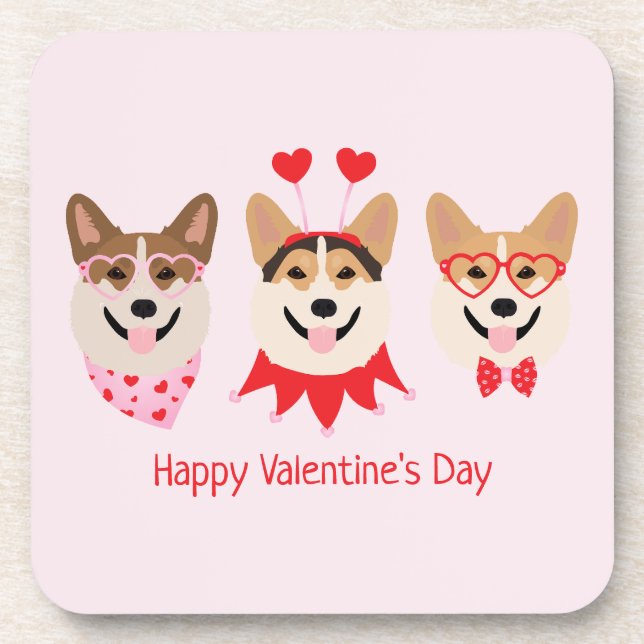 Happy Valentines Day Pembroke Welsh Corgi Dogs Beverage Coaster (Front)
