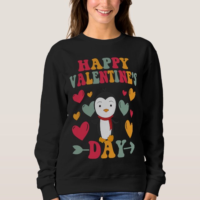 Happy Valentines Day Penguin Heart Love Groovy Sweatshirt (Front)