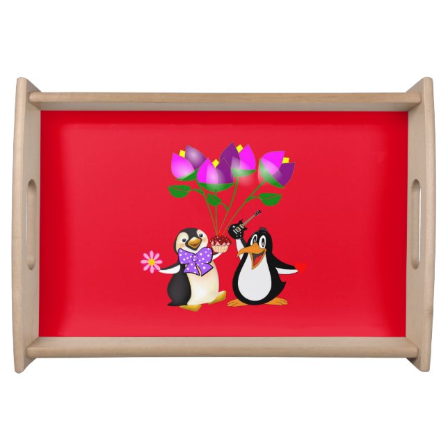 Happy Valentine's Day Penguin Hearts Serving Tray (Front)