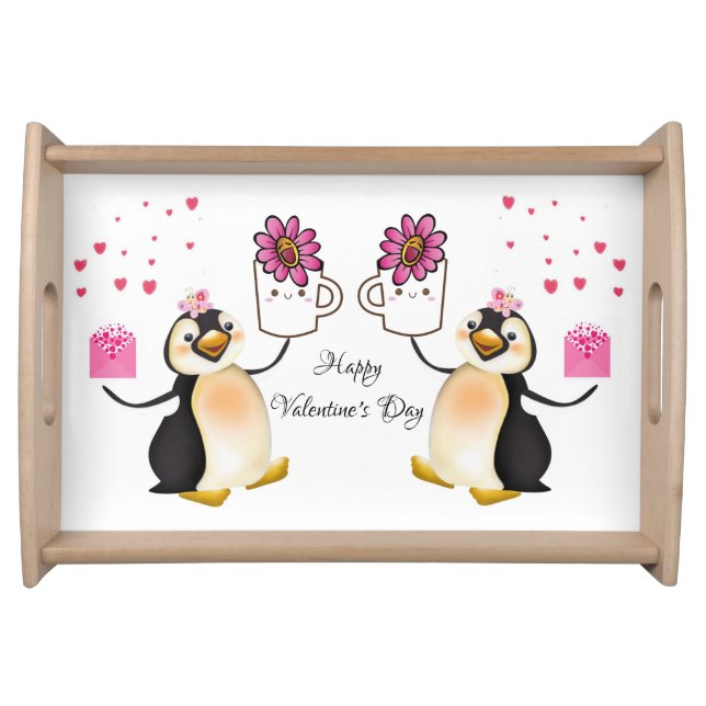 Happy Valentine's Day Penguin Hearts Serving Tray (Front)
