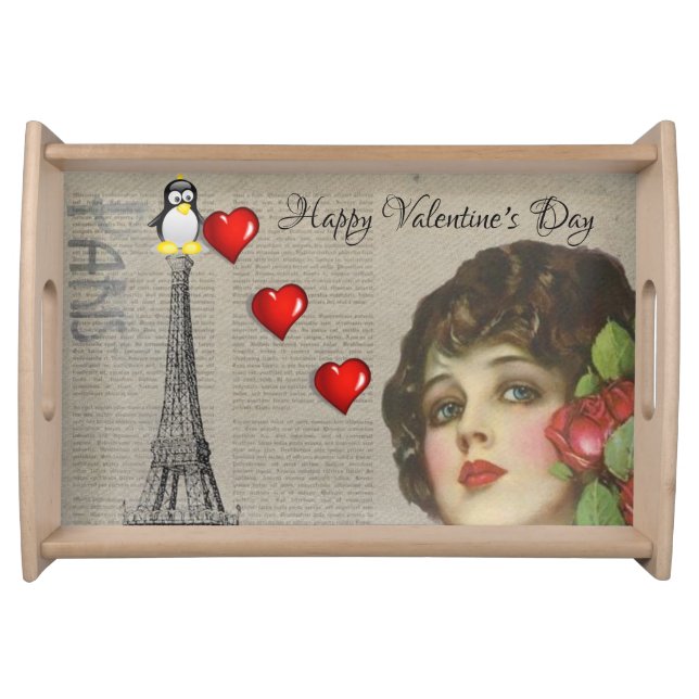 Happy Valentine's Day Penguin Hearts Serving Tray (Front)