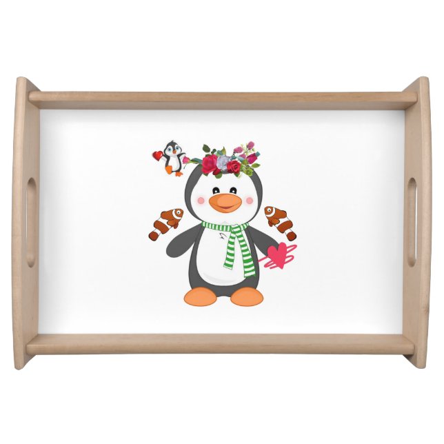 Happy Valentine's Day Penguin Hearts Serving Tray (Front)