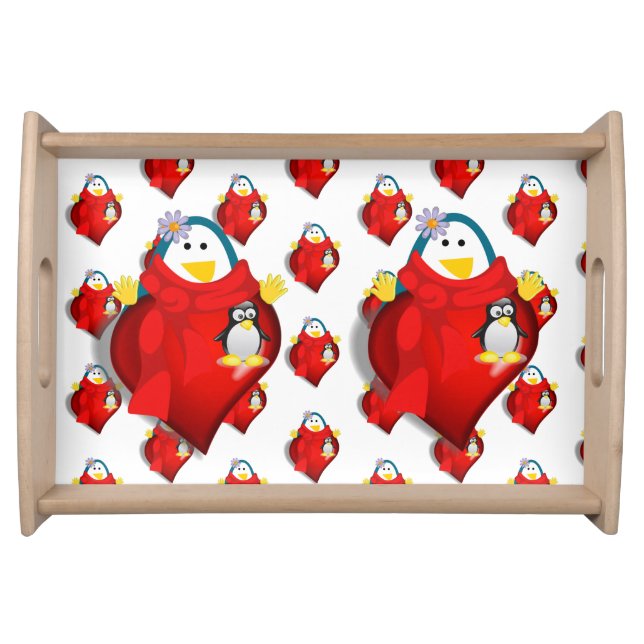 Happy Valentine's Day Penguin Hearts Serving Tray (Front)